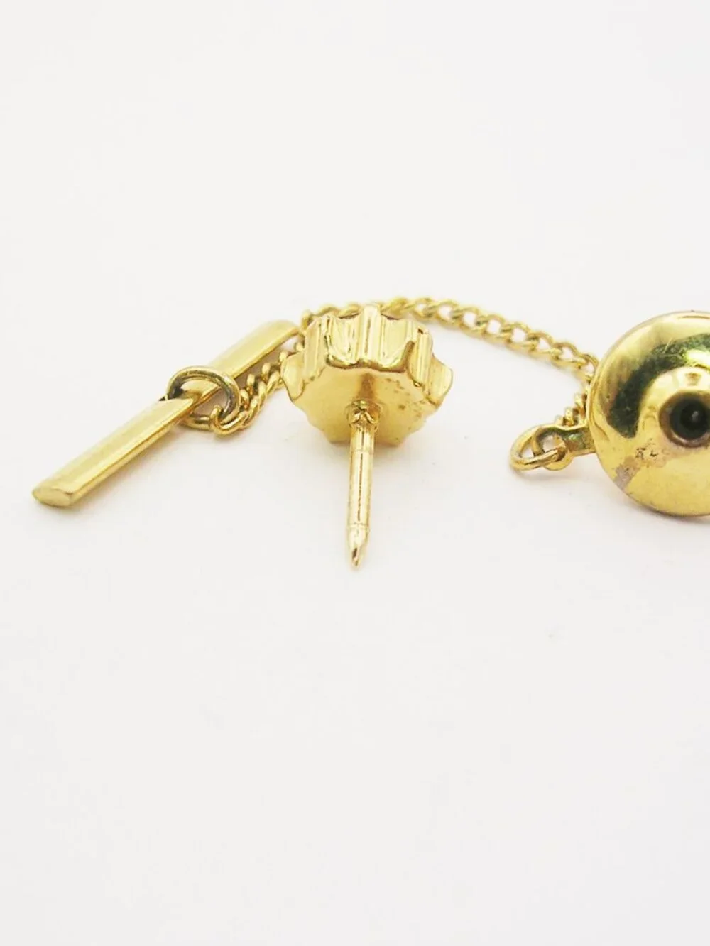 Vintage Tie Tack Pin with Chain Red Rhinestone gold tone Prong Setting